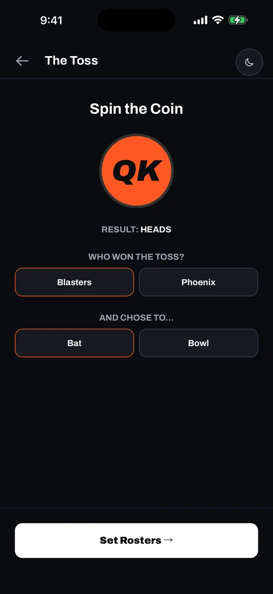 Toss Screen with Blasters won toss, dark mode