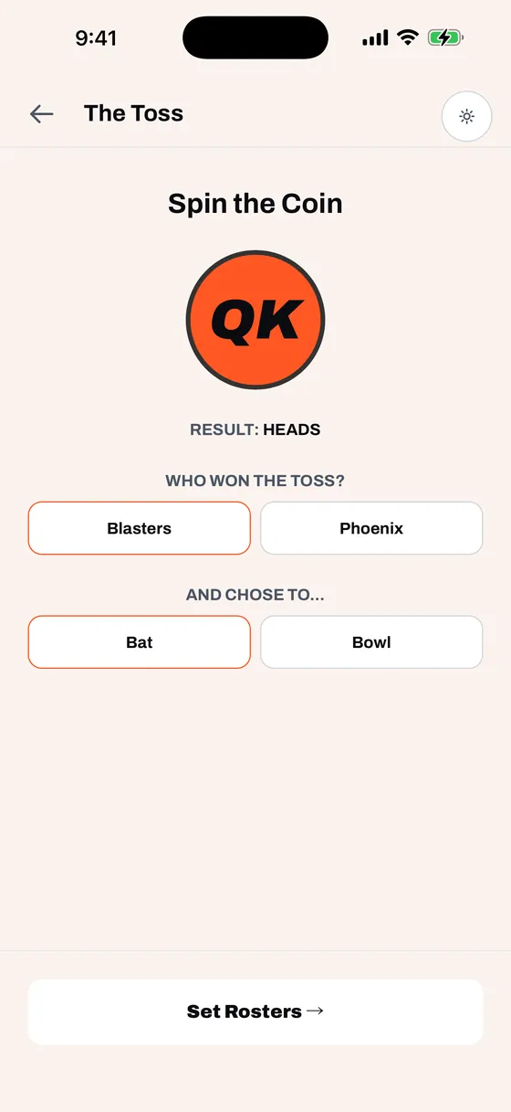Toss Screen with Blasters won toss, light mode