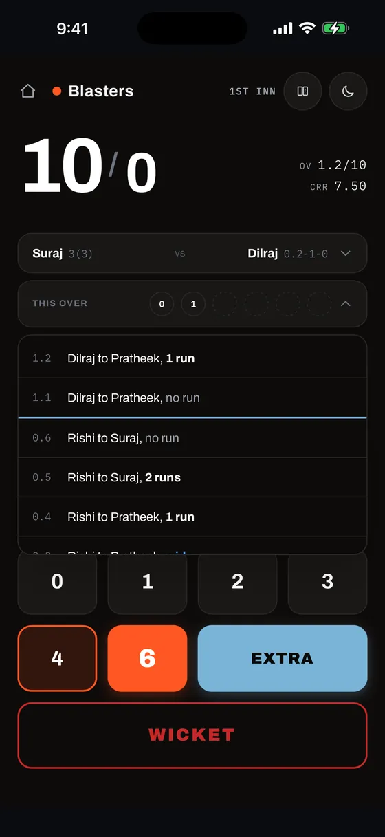Ball-by-Ball Commentary Feed Expanded, dark mode