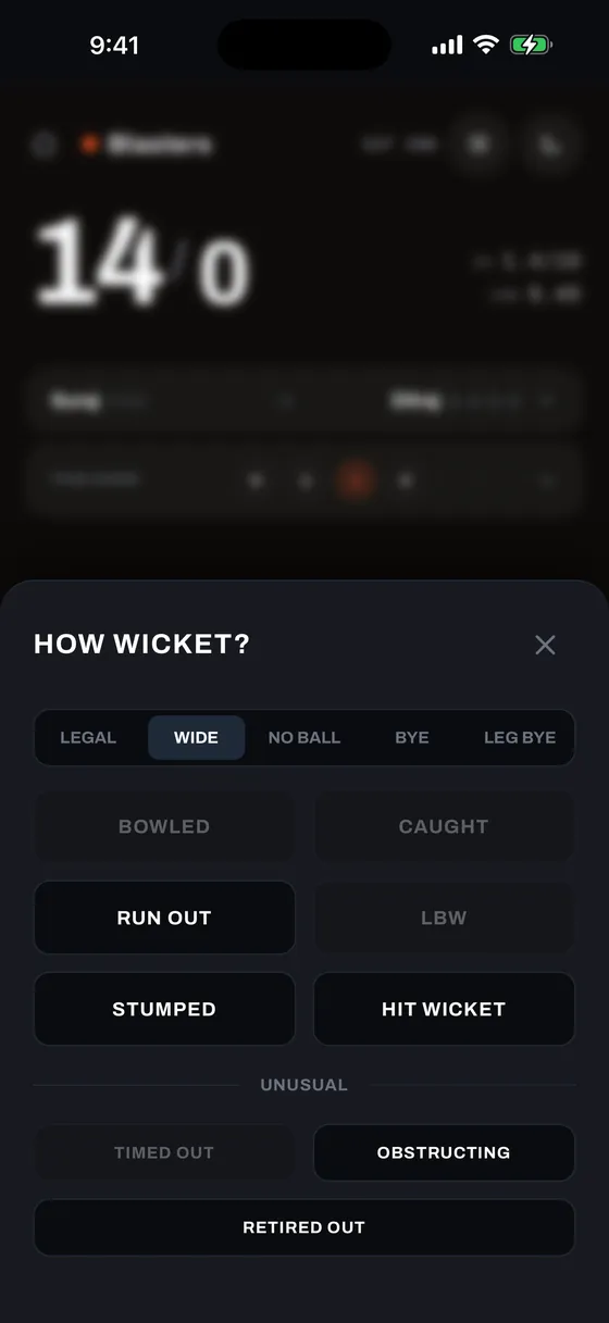 Wicket on a Wide with disabled options, dark mode