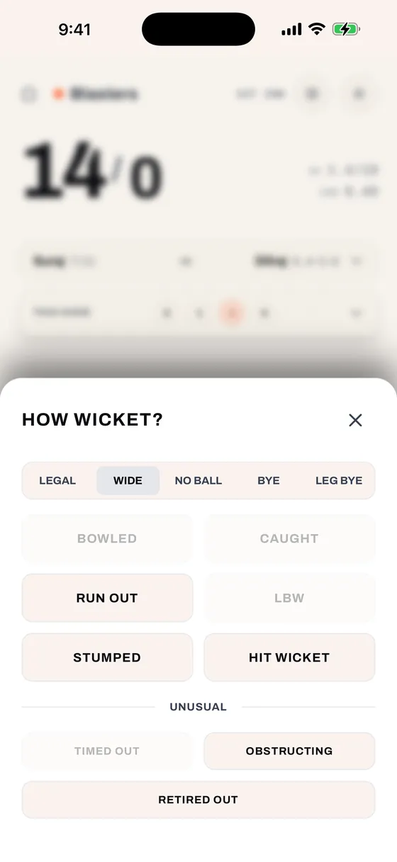 Wicket on a Wide with disabled options, light mode