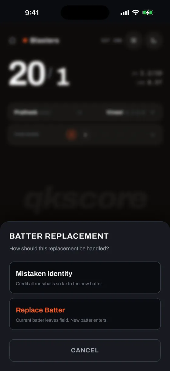 Batter Replacement Handling Dialog, dark mode