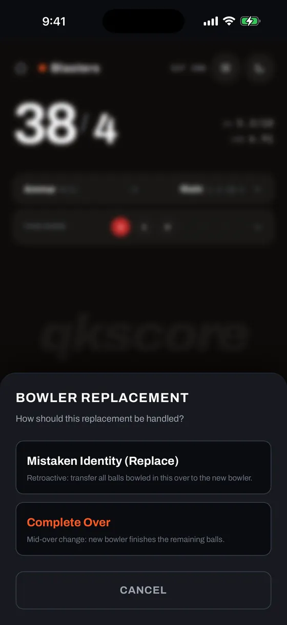 Bowler Replacement Handling Dialog, dark mode