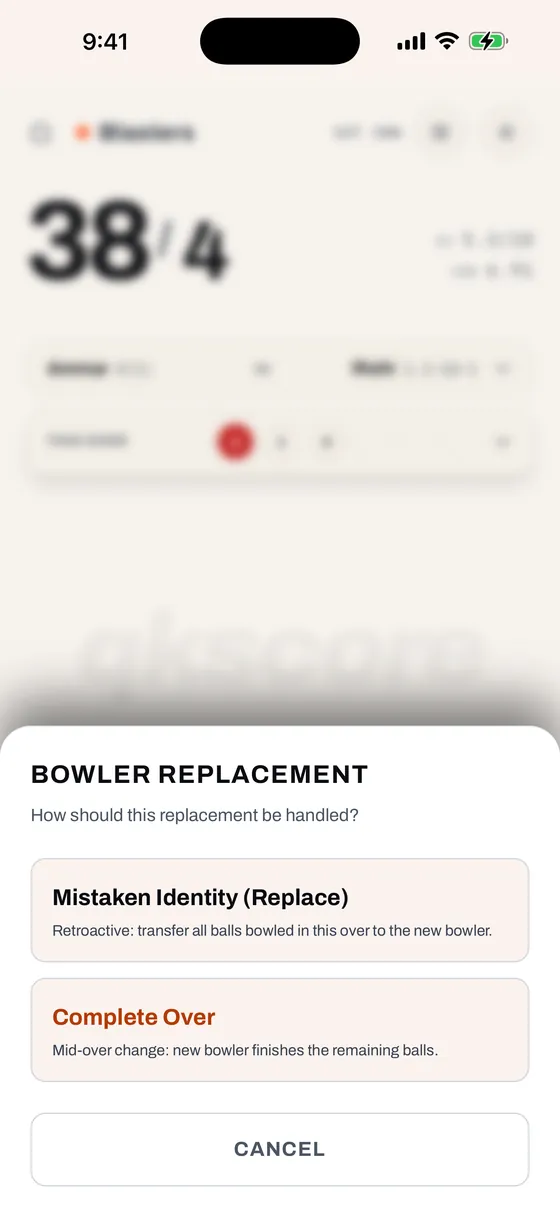 Bowler Replacement Handling Dialog, light mode