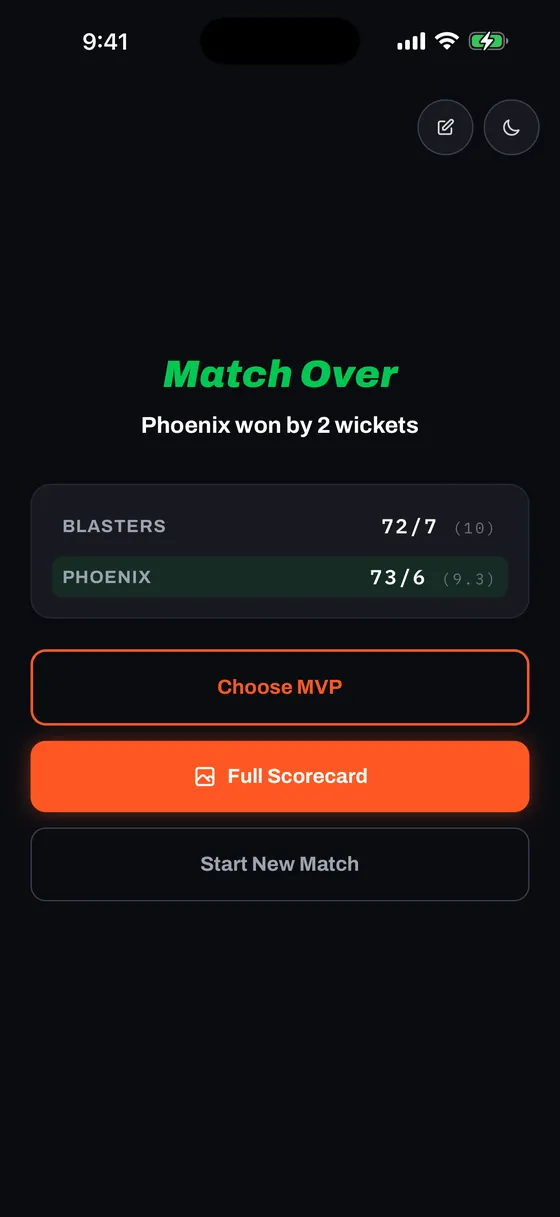 Match Complete Screen, dark mode