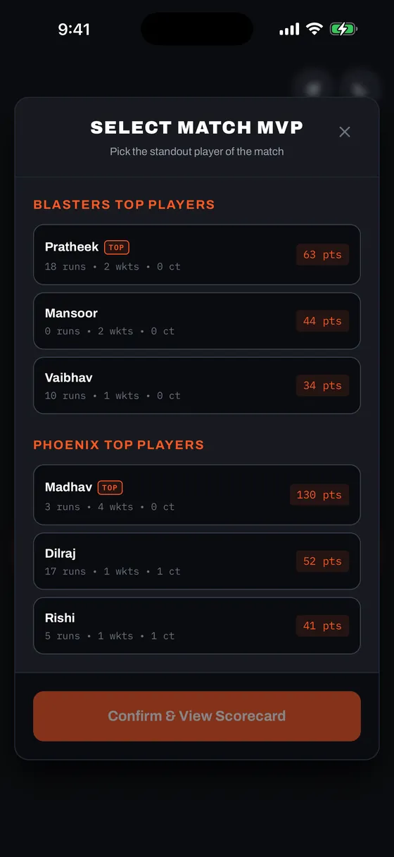 MVP Selection Modal, dark mode